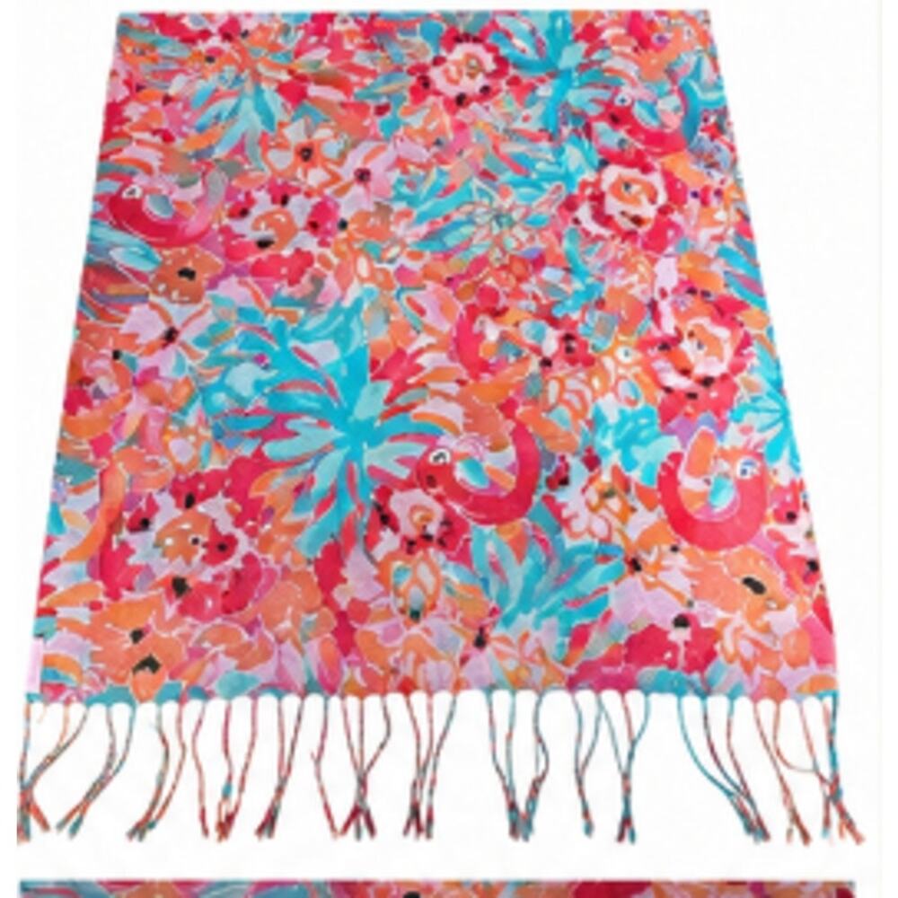 Lilly Pulitzer Silk Cashmere Tropical Flamingo Fringe Scarf Wrap - Picture 12 of 13